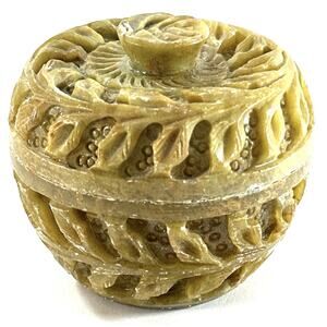 Hand Carved Indian Soapstone Trinket Box Floral Pierced Jali Design 2.5” x 3”